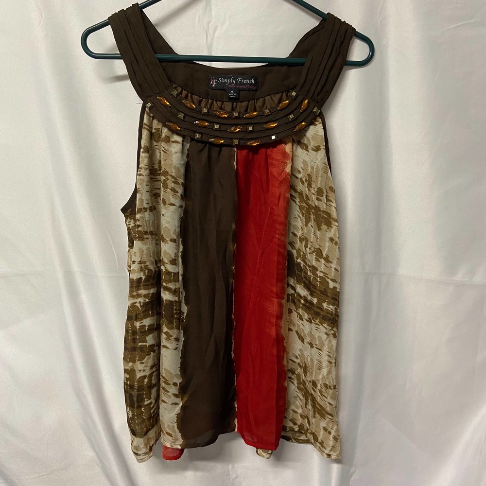 Simply French Blouse Top Scoop Neck Sleeveless Brown Red Beaded Lined